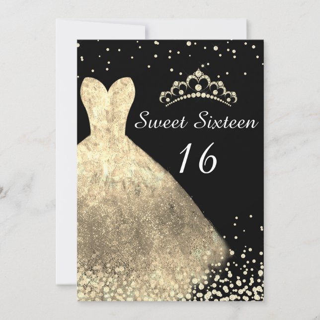 Gold Dress & Black Sweet 16 16th Birthday Party Invitation (Front)