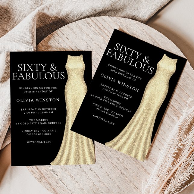 Gold Dress & Black Womans 60th Birthday Party Invitation (Creator Uploaded)