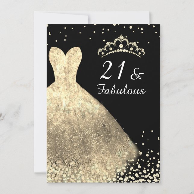 Gold Dress Black Womans Girls 21st Birthday Party Invitation (Front)