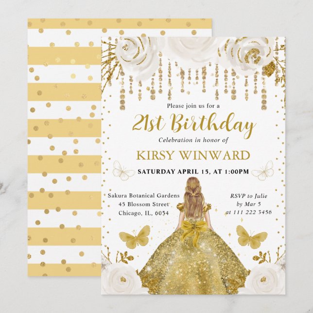 Gold Dress Blonde Haired Princess Birthday Invitation (Front/Back)