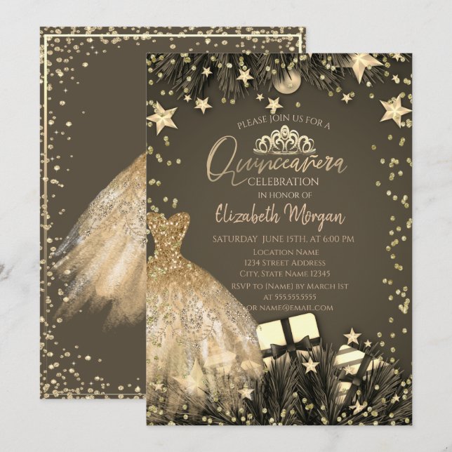 Gold Dress,Branches,Diamonds Stars Quinceañera Invitation (Front/Back)