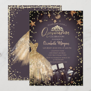 Gold Dress,Branches,Diamonds Stars Quinceañera Invitation