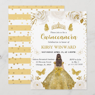 Gold Dress Brunette Princess Quinceanera Invitation
