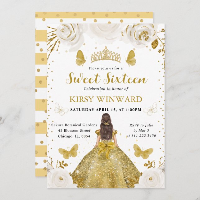 Gold Dress Brunette Princess Sweet 16 Invitation (Front/Back)