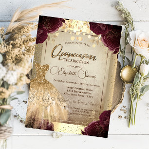 Gold Dress Burgundy Roses Confetti Quinceañera  Invitation
