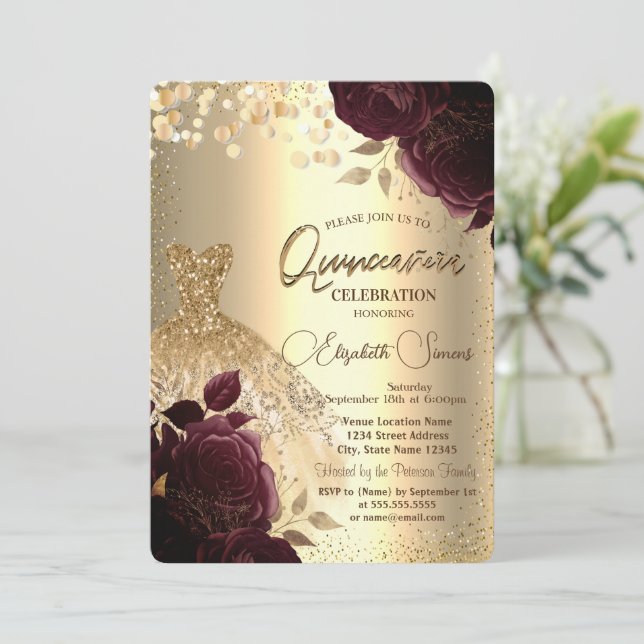 Gold Dress Burgundy Roses Quinceañera Invitation (Standing Front)