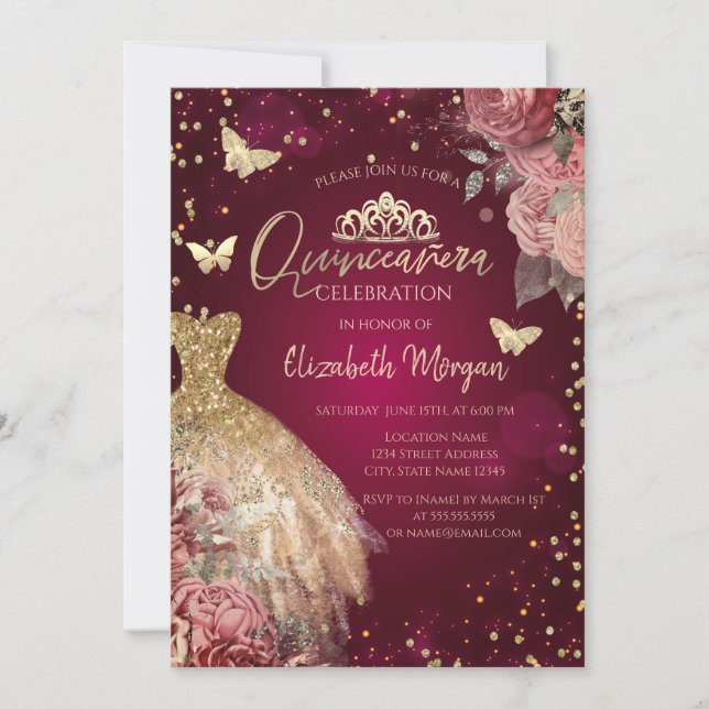 Gold Dress,Butterflies Red Flowers Quinceañera Invitation (Front)