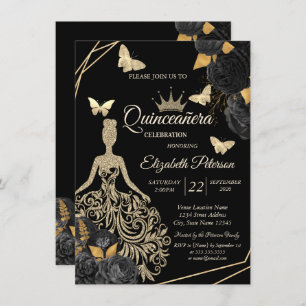 Gold Dress,Butterfly Black Roses Quinceañera Invitation