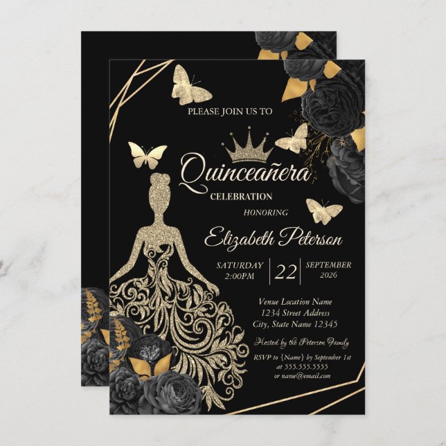 Gold Dress,Butterfly Black Roses Quinceañera Invitation (Front/Back)
