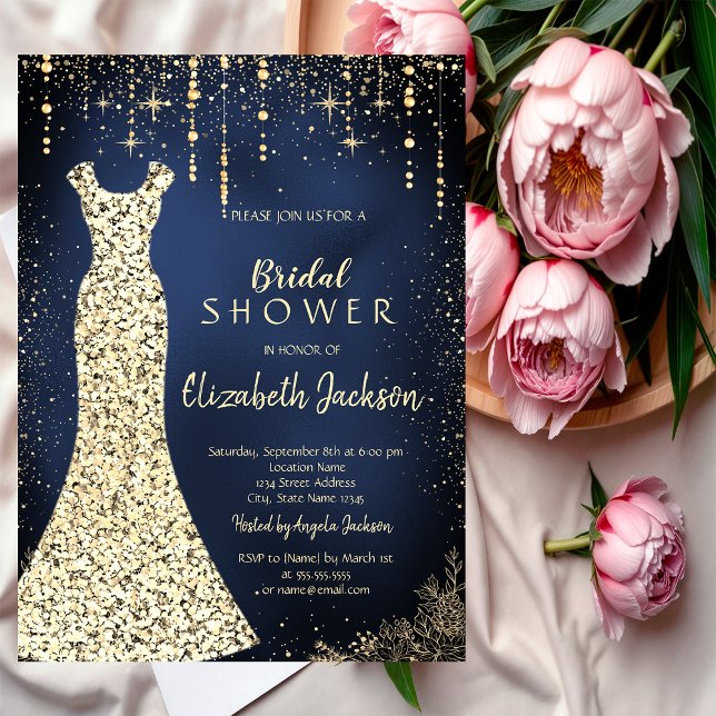 Gold Dress,Confetti Dark Blue Bridal Shower Invitation (Creator Uploaded)