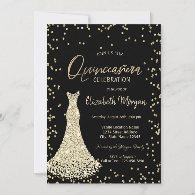 Gold Dress Diamonds Black Quinceañera Invitation (Front)
