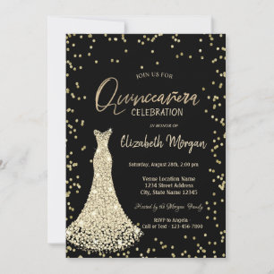 Gold Dress Diamonds Black Quinceañera Invitation