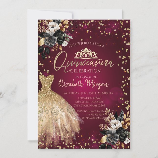 Gold Dress ,Diamonds Black Roses Quinceañera Invitation (Front)