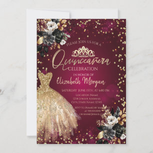 Gold Dress ,Diamonds Black Roses Quinceañera Invitation