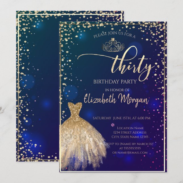 Gold Dress,Diamonds Blue 30th Birthday Party  Invitation (Front/Back)