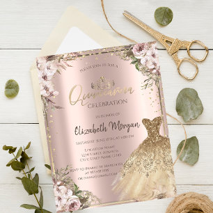 Gold Dress,Diamonds Boho Flowers Quinceañera Invitation