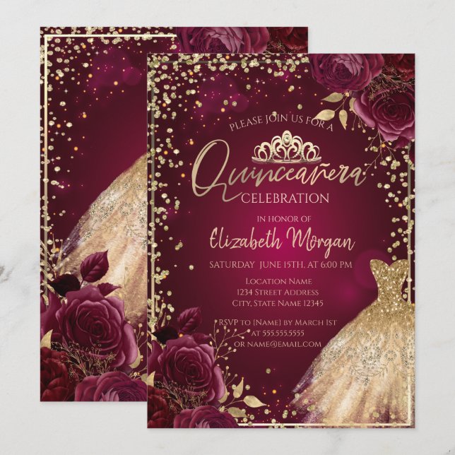 Gold Dress,Diamonds Burgundy Roses Quinceañera  Invitation (Front/Back)