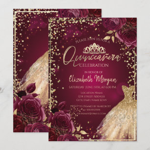 Gold Dress,Diamonds Burgundy Roses Quinceañera Invitation