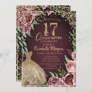  Gold Dress Diamonds Burgundy Roses Quinceañera   Invitation