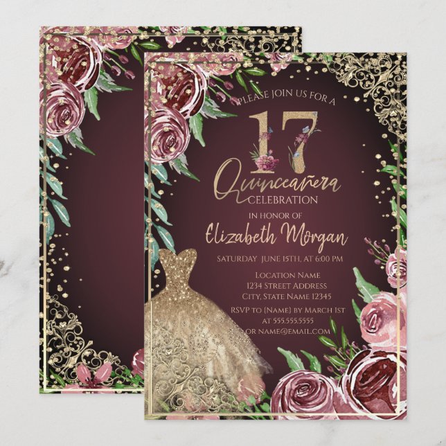  Gold Dress Diamonds Burgundy Roses Quinceañera   Invitation (Front/Back)