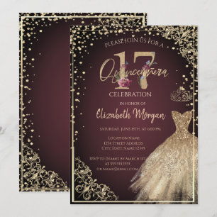 Gold Dress Diamonds Floral Burgundy Quinceañera  Invitation