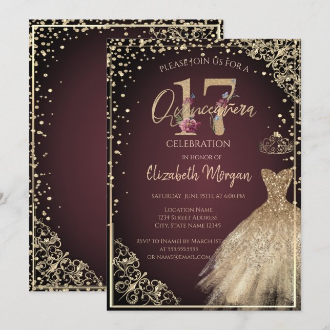  Gold Dress Diamonds Floral Burgundy Quinceañera  Invitation (Front/Back)