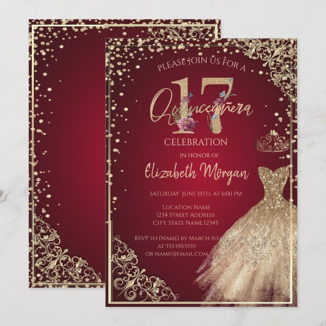  Gold Dress Diamonds  Floral Red Quinceañera  Invitation (Front/Back)