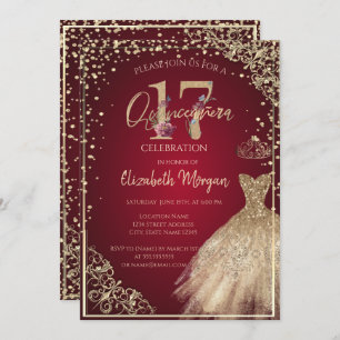  Gold Dress Diamonds  Floral Red Quinceañera  Invitation
