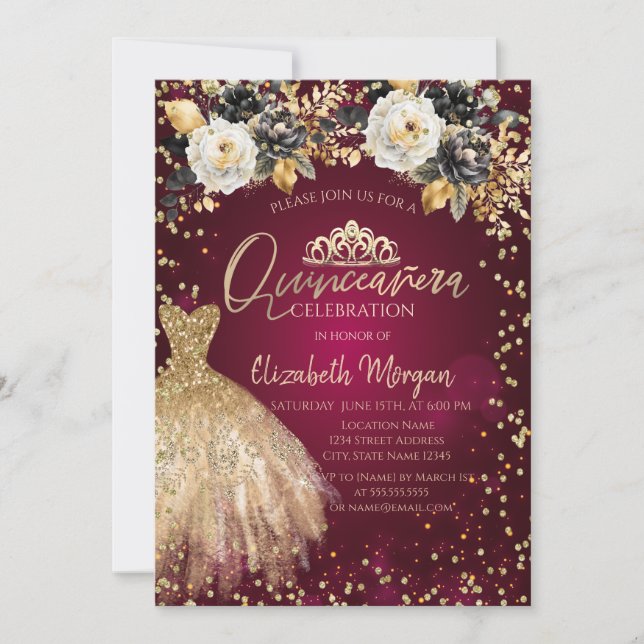 Gold Dress Diamonds Flowers Burgundy Quinceañera Invitation (Front)