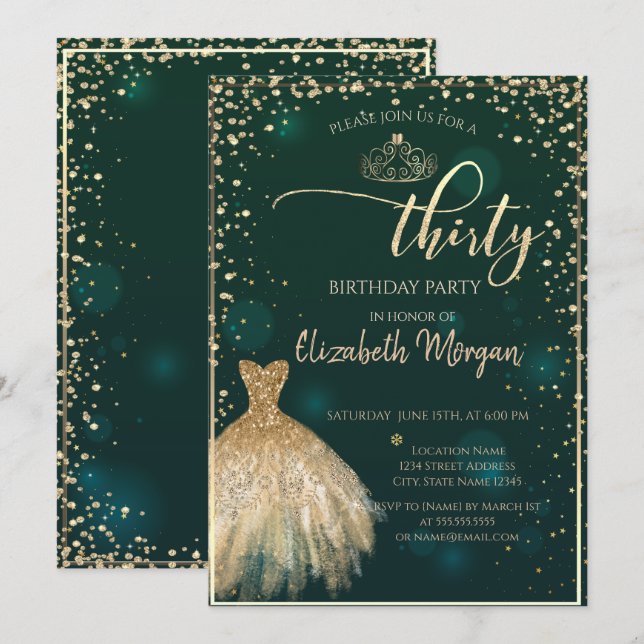 Gold Dress,Diamonds Green 30th Birthday Party Invitation (Front/Back)