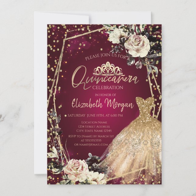Gold Dress Diamonds Roses Burgundy Quinceañera Invitation (Front)