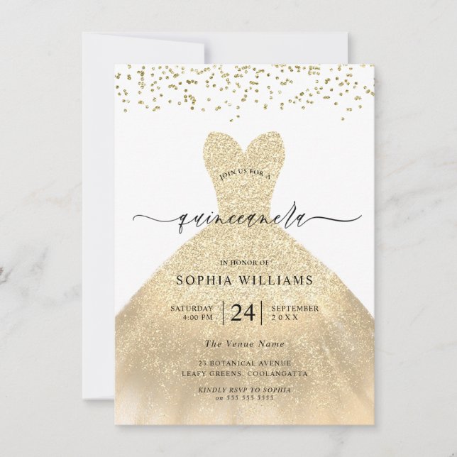 Gold Dress Elegant Glitter Quinceanera Party Invitation (Front)