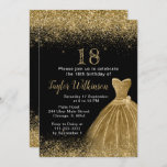 Gold Dress Faux Glitter Birthday Party Invitation<br><div class="desc">A beautiful gold themed elegant watercolor dress gown on a black background with faux glitter at the top and bottom of the card. 
All of the text can be personalised to suit your own requirements.</div>