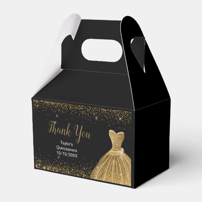 Gold Dress Faux Glitter Quinceanera Birthday Favour Box (Front Side)