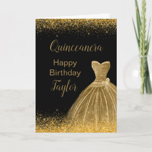 Gold Dress Faux Glitter Quinceanera Card