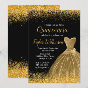 Gold Dress Faux Glitter Quinceanera Invitation