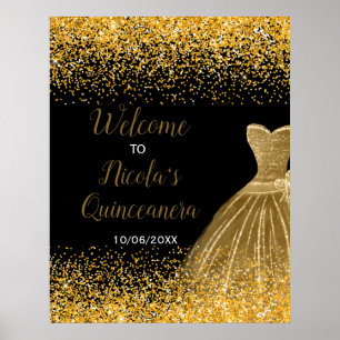 Gold Dress Faux Glitter Quinceanera Welcome Poster