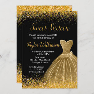 Gold Dress Faux Glitter Sweet 16 Birthday Invitation