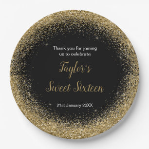 Gold Dress Faux Glitter Sweet 16 Birthday Paper Plate