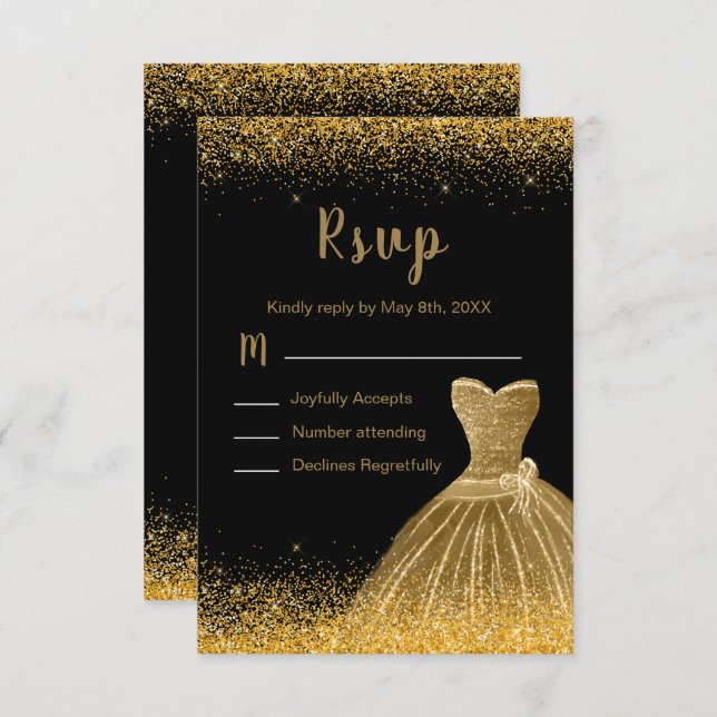 Gold Dress Faux Glitter Sweet 16 Birthday RSVP Card (Front/Back)