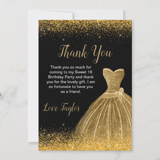 Gold Dress Faux Glitter Sweet 16 Birthday Thank You Card (Front)