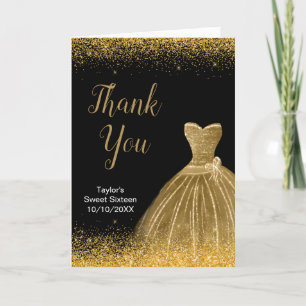 Gold Dress Faux Glitter Sweet 16 Birthday Thank You Card