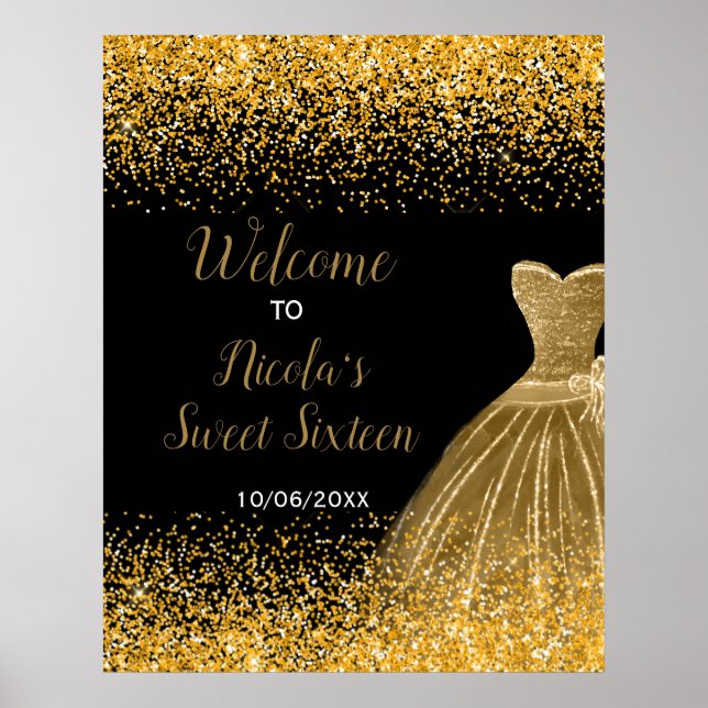 Gold Dress Faux Glitter Sweet 16 Welcome Poster (Front)