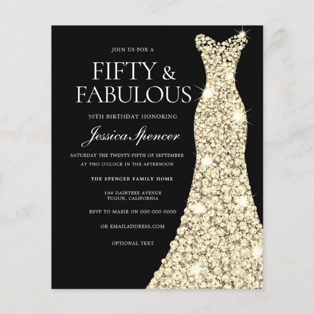 Gold Dress Fifty & Fabulous 50th Birthday Invite (Front)