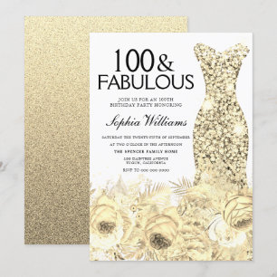 Gold Dress Floral 100 & Fabulous 100th Birthday Invitation