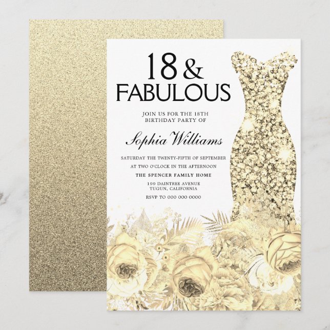 Gold Dress Floral 18 & Fabulous 18th Birthday Invitation (Front/Back)