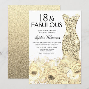 Gold Dress Floral 18 & Fabulous 18th Birthday Invitation
