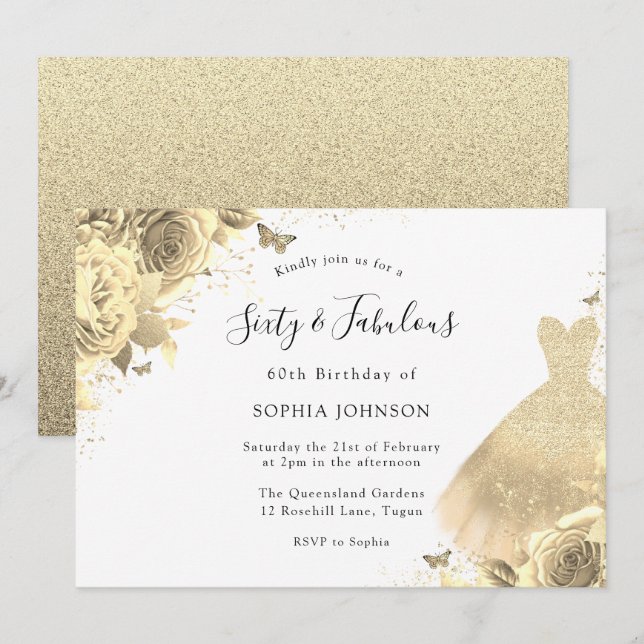 Gold Dress Floral 60th Birthday Sixty & Fabulous Invitation (Front/Back)