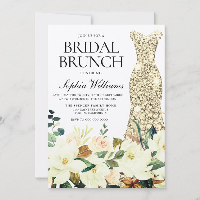 Gold Dress Floral Bridal Shower Brunch Invitation (Front)