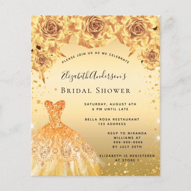 Gold dress floral bridal shower budget invitation (Front)